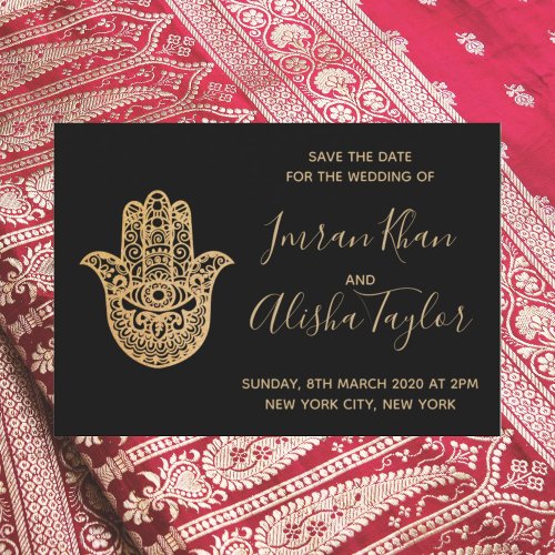 Indian Wedding Save the date Gold hamsa Henna