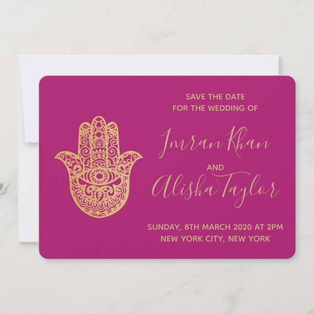Indian Wedding Save the date Gold hamsa Henna (Front)