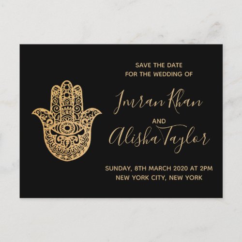 Indian Wedding Save the date Gold hamsa Henna Announcement Postcard