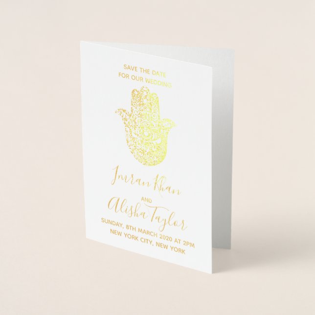 Indian Wedding Save the date Gold hamsa Henna Foil Card (Front)