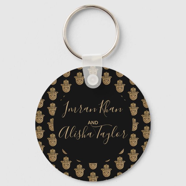 Indian Wedding Save the date Gold hamsa Henna Keychain (Front)
