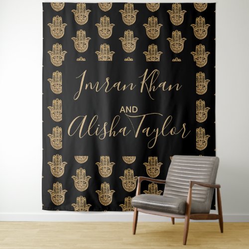 Indian Wedding Save the date Gold hamsa Henna Tapestry