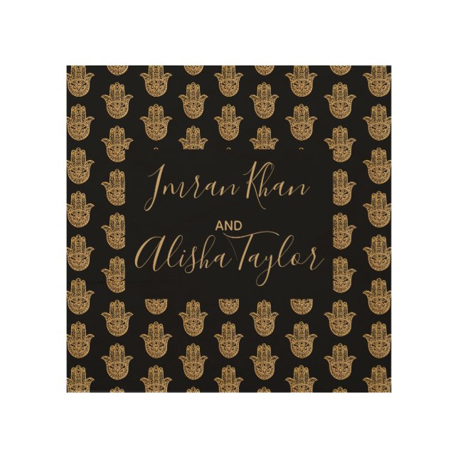 Indian Wedding Save the date Gold hamsa Henna Wood Wall Art (Front)