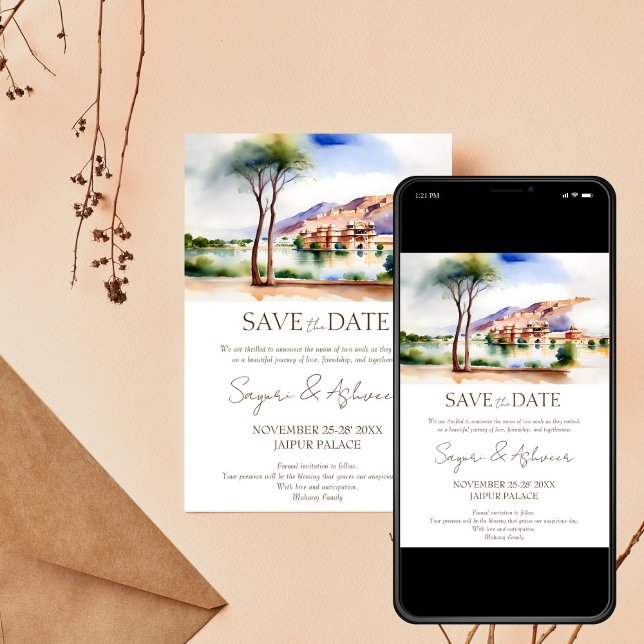 Indian wedding save the date Jaipur palace scenery Invitation (Indian wedding save the date editable template invitation digital download Jaipur palace scenery)