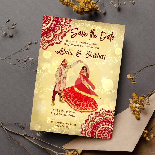 Indian wedding save the date maroon and gold invitation