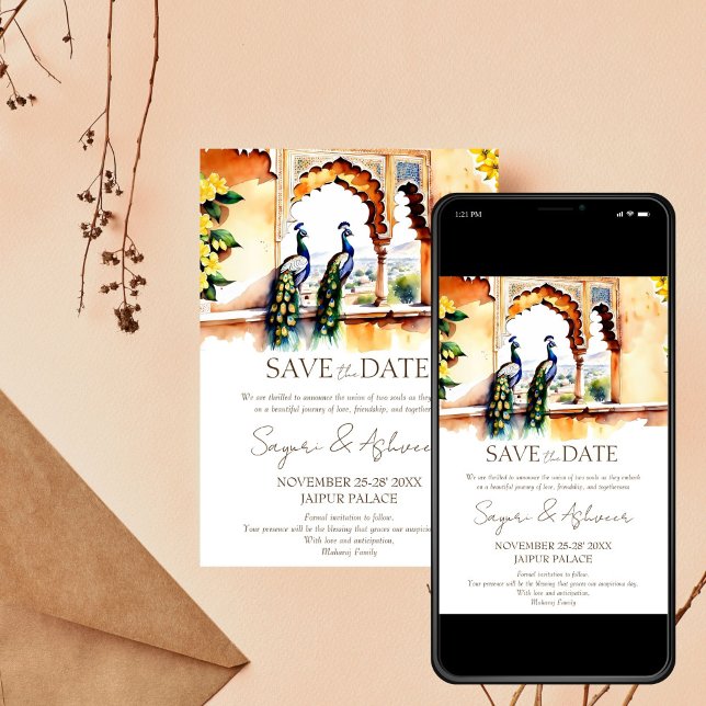 Indian wedding save the date peacock Jaipur palace Invitation (Indian wedding Save the date Jaipur palace with peacocks editable template invitation  download)