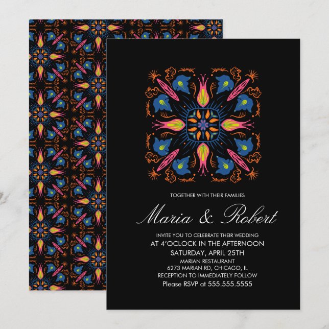 Indian Wedding Theme Elephant Floral Black  Invitation (Front/Back)
