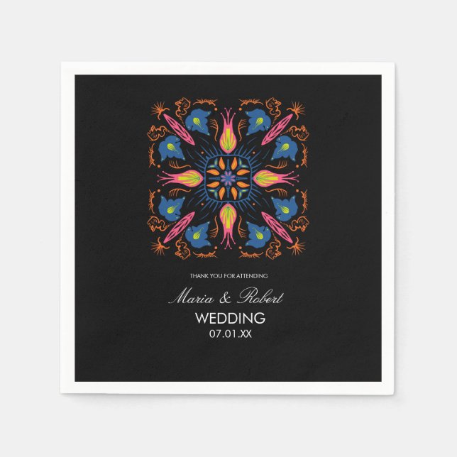 Indian Wedding Theme Elephant Floral Black    Napkins (Front)