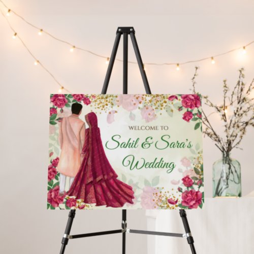 Indian wedding welcome board with Indian couple