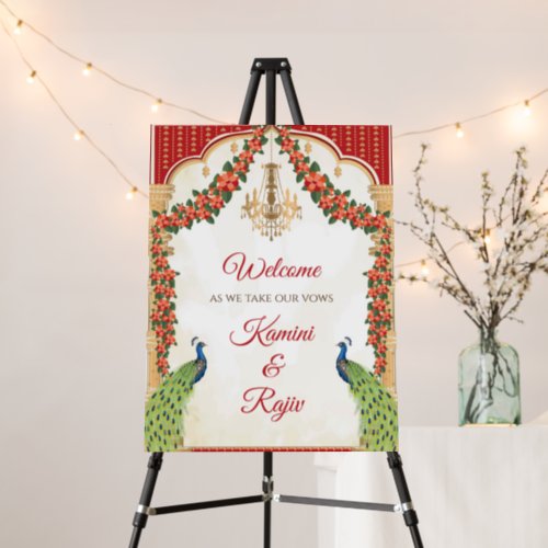 Indian wedding welcome board with Indian Peacock