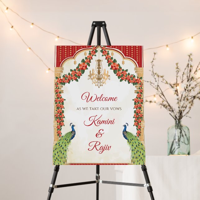 Indian wedding welcome board with Indian Peacock (In Situ (Stand))