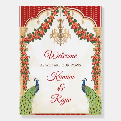 Indian wedding welcome board with Indian Peacock | Zazzle