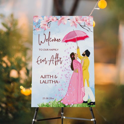 Indian wedding welcome sign couple with umbrella