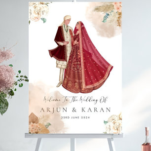 Indian Wedding Welcome Sign with Couple Illustrati