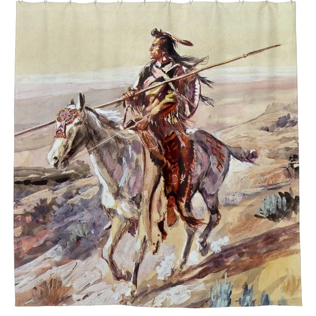 “Indian With Spear” Cowboy Art by Charles Russell Shower Curtain (Front)