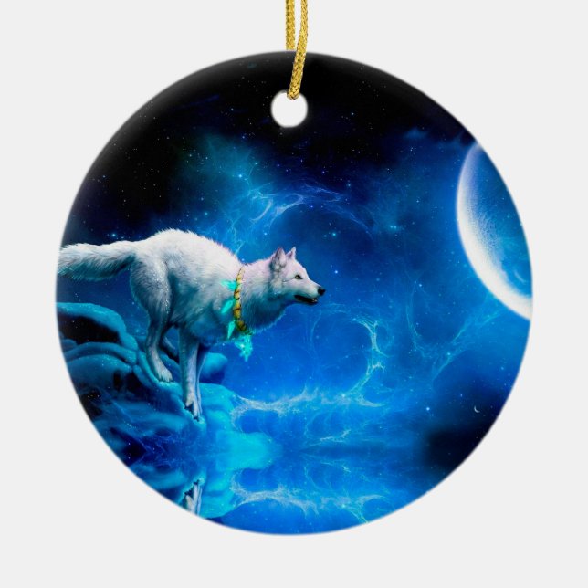 Indian wolf and the full moon ceramic ornament (Front)
