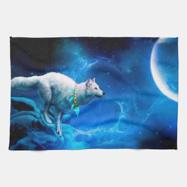 Indian wolf and the full moon kitchen towel (Horizontal)