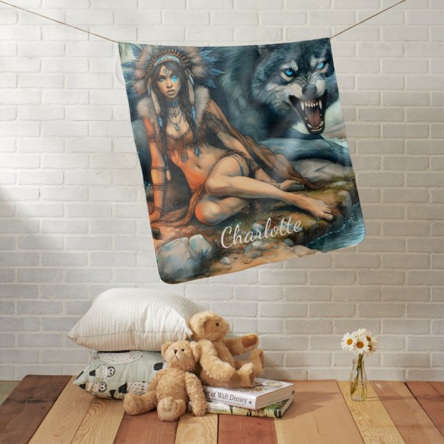 Indian woman and her strong wolf friend baby blanket (In Situ)