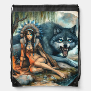 Indian woman and her strong wolf friend drawstring bag