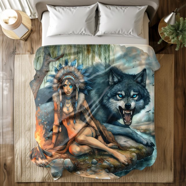 Indian woman and her strong wolf friend duvet cover (Creator Uploaded)