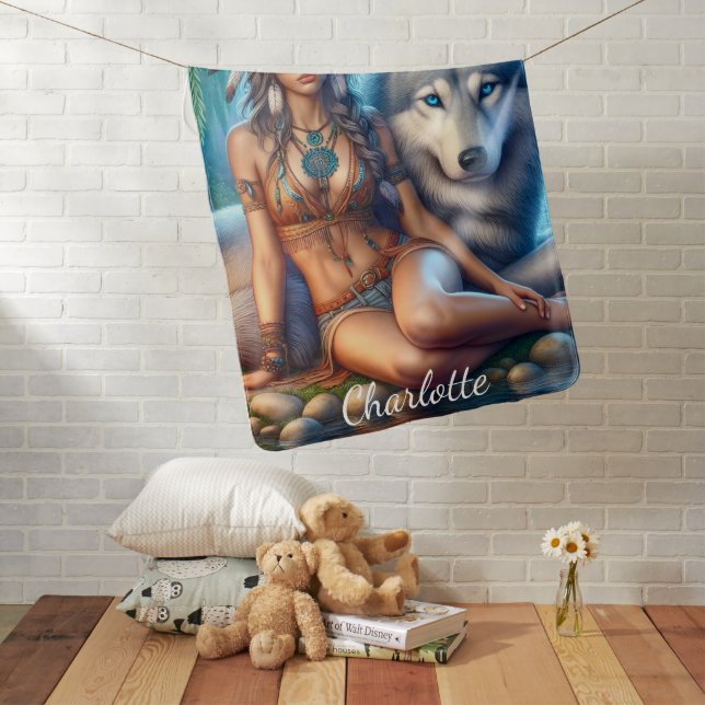 Indian woman and wolf by riverbank baby blanket (In Situ)