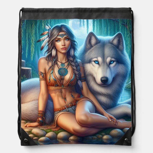 Indian woman and wolf by riverbank drawstring bag (Front)