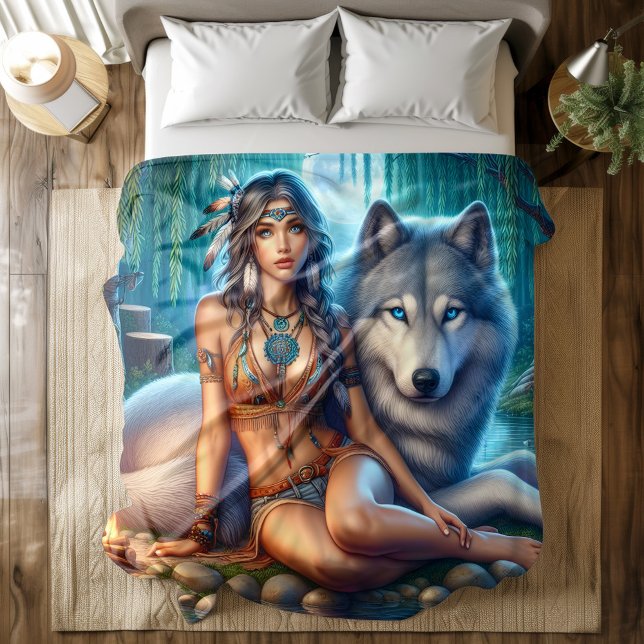 Indian woman and wolf by riverbank duvet cover (Creator Uploaded)