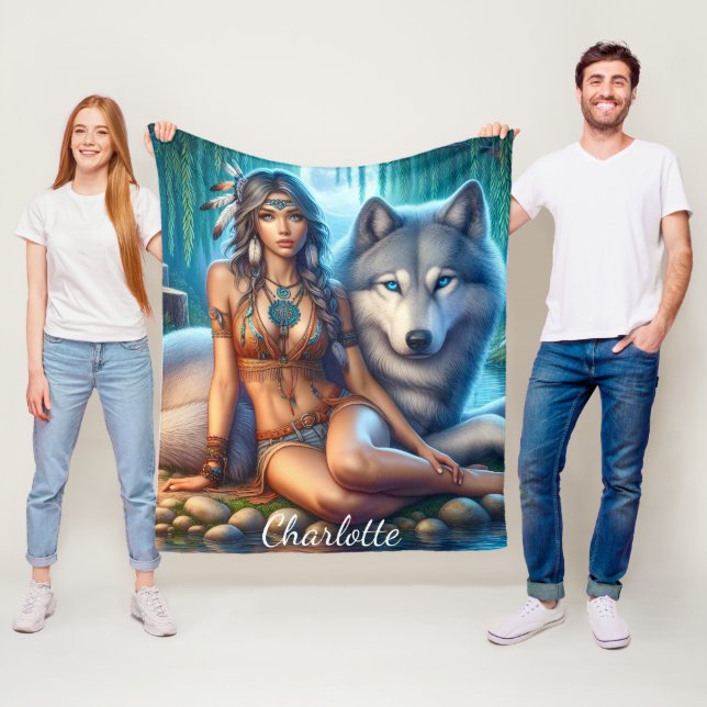 Indian woman and wolf by riverbank fleece blanket (In Situ)