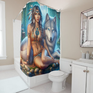 Indian woman and wolf by riverbank shower curtain