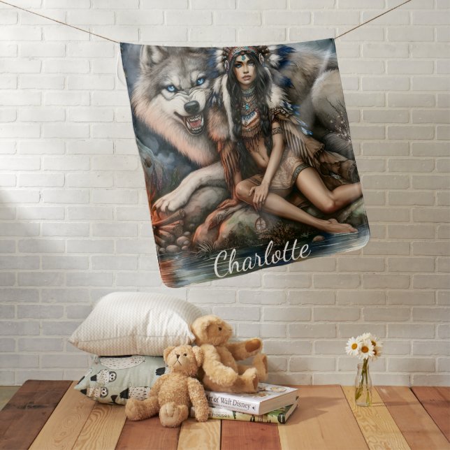 Indian woman and wolf in the forest baby blanket (In Situ)
