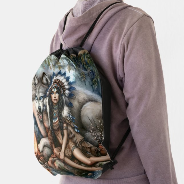 Indian woman and wolf in the forest drawstring bag (Insitu)