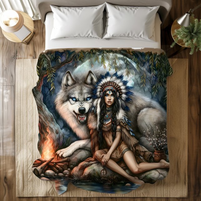 Indian woman and wolf in the forest duvet cover (Creator Uploaded)