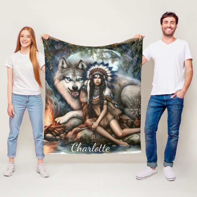 Indian woman and wolf in the forest fleece blanket (In Situ)