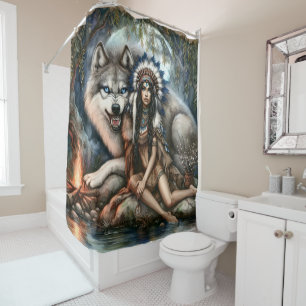 Indian woman and wolf in the forest shower curtain