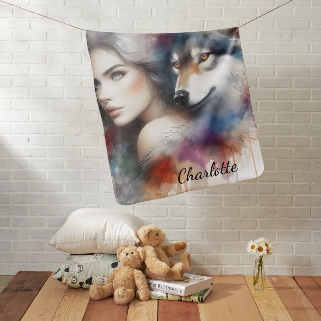 Indian Woman and Wolf Spirit of the Wild Baby Blanket (In Situ)