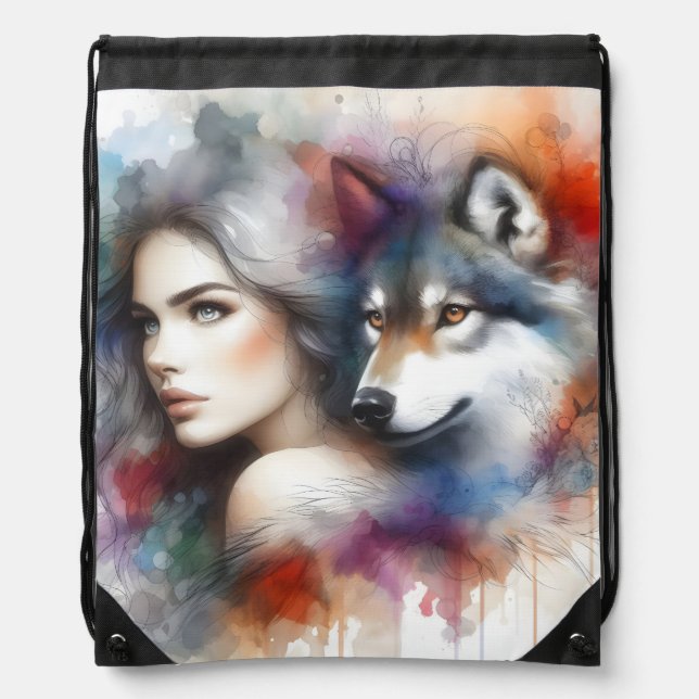  Indian Woman and Wolf Spirit of the Wild Drawstring Bag (Front)