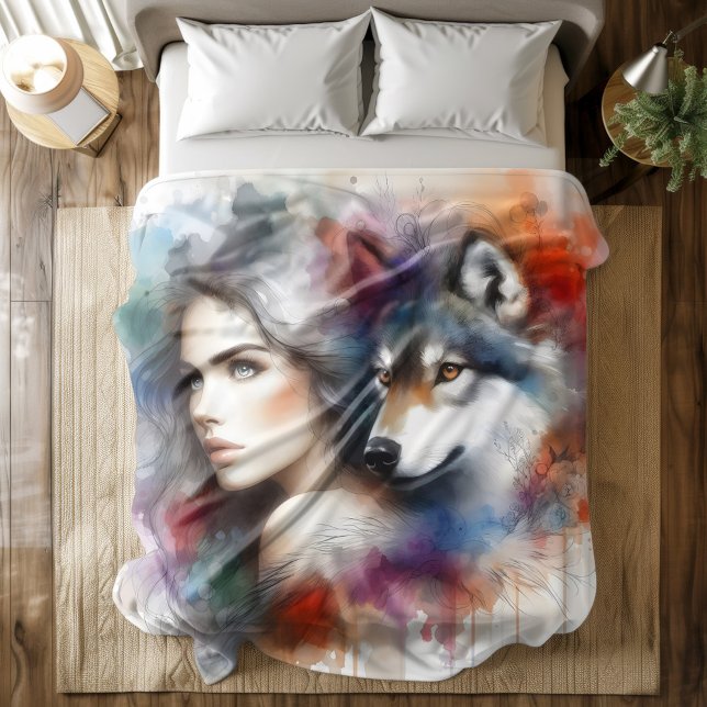  Indian Woman and Wolf Spirit of the Wild Duvet Cover (Creator Uploaded)