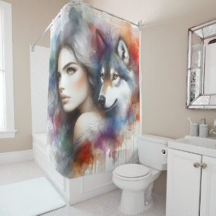 Indian Woman and Wolf Spirit of the Wild Shower Curtain