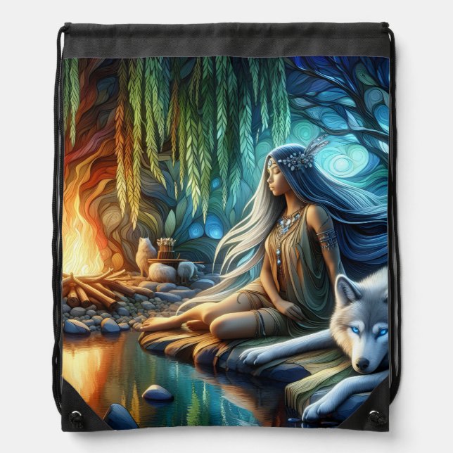 Indian woman bonds with wolf at sunset drawstring bag (Front)