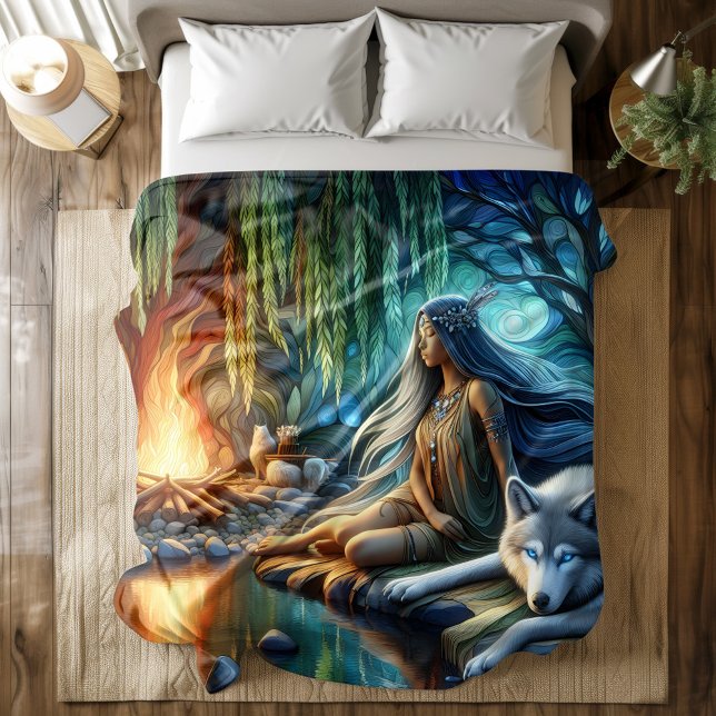 Indian woman bonds with wolf at sunset duvet cover (Creator Uploaded)
