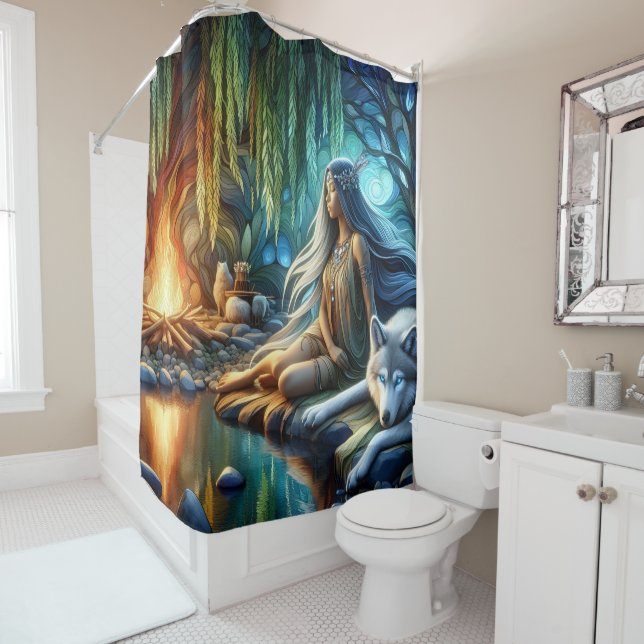 Indian woman bonds with wolf at sunset shower curtain (In Situ)