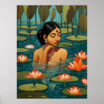Indian Woman in a pond surrounded by lotus flowers