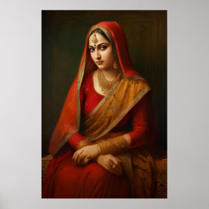 Indian Woman in Red Saree Vintage Painting Poster