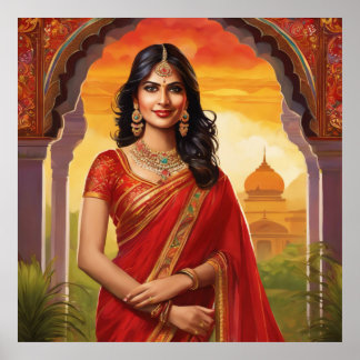 Indian Woman in Temple wearing a Traditional Saree Poster