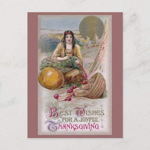 Indian Woman with Turkey Vintage Thanksgiving Holiday Postcard