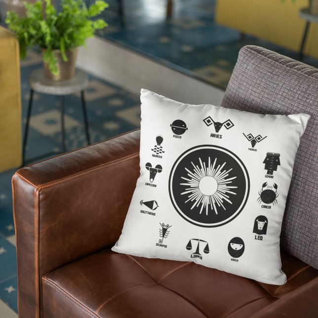 Indian Zodiac - 12 Vedic Signs in Geometric Style Throw Pillow (Rest with the Signs of the Stars.)