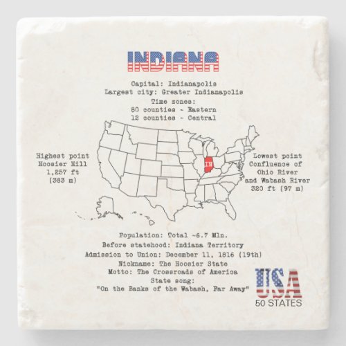 Indiana American state on a map and useful info Stone Coaster