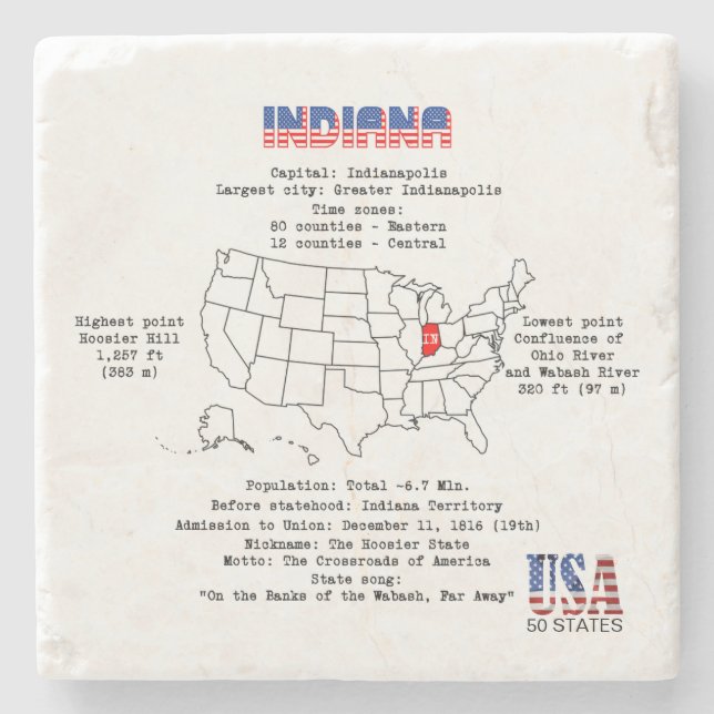 Indiana American state on a map and useful info Stone Coaster (Front)