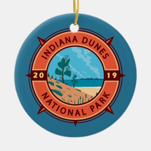 Indiana Dunes National Park Retro Compass Emblem Ceramic Ornament