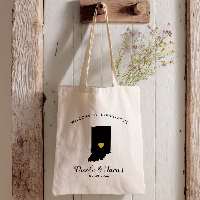 Indiana Map Wedding Welcome Bag Tote Black, Gold (Creator Uploaded)